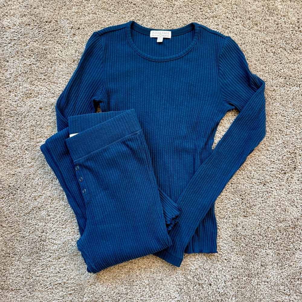 PJ Salvage Ribbed Long PJ Set in Navy XS